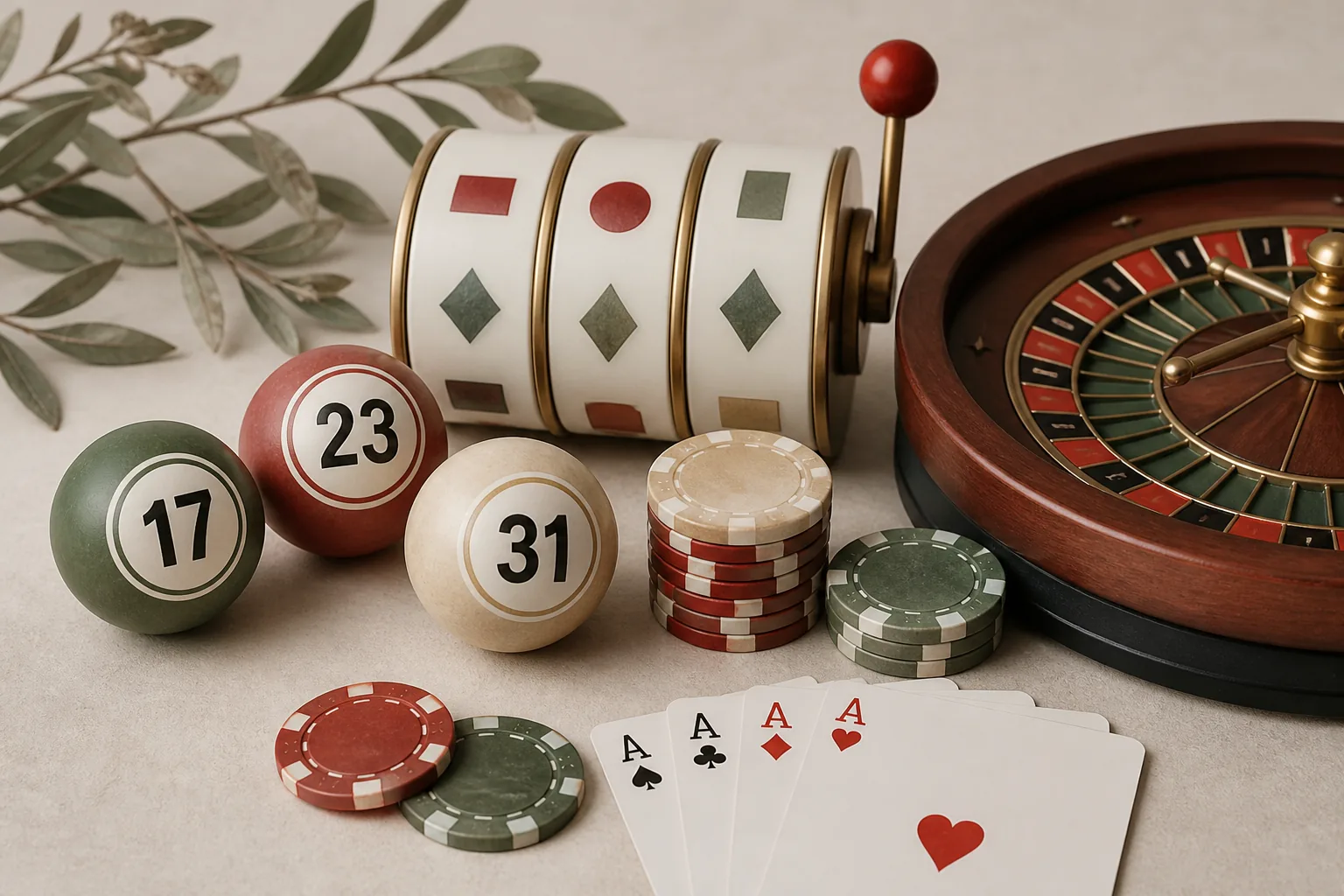Kategori permainan berupa roulette, bola angka, slot, dan kartu