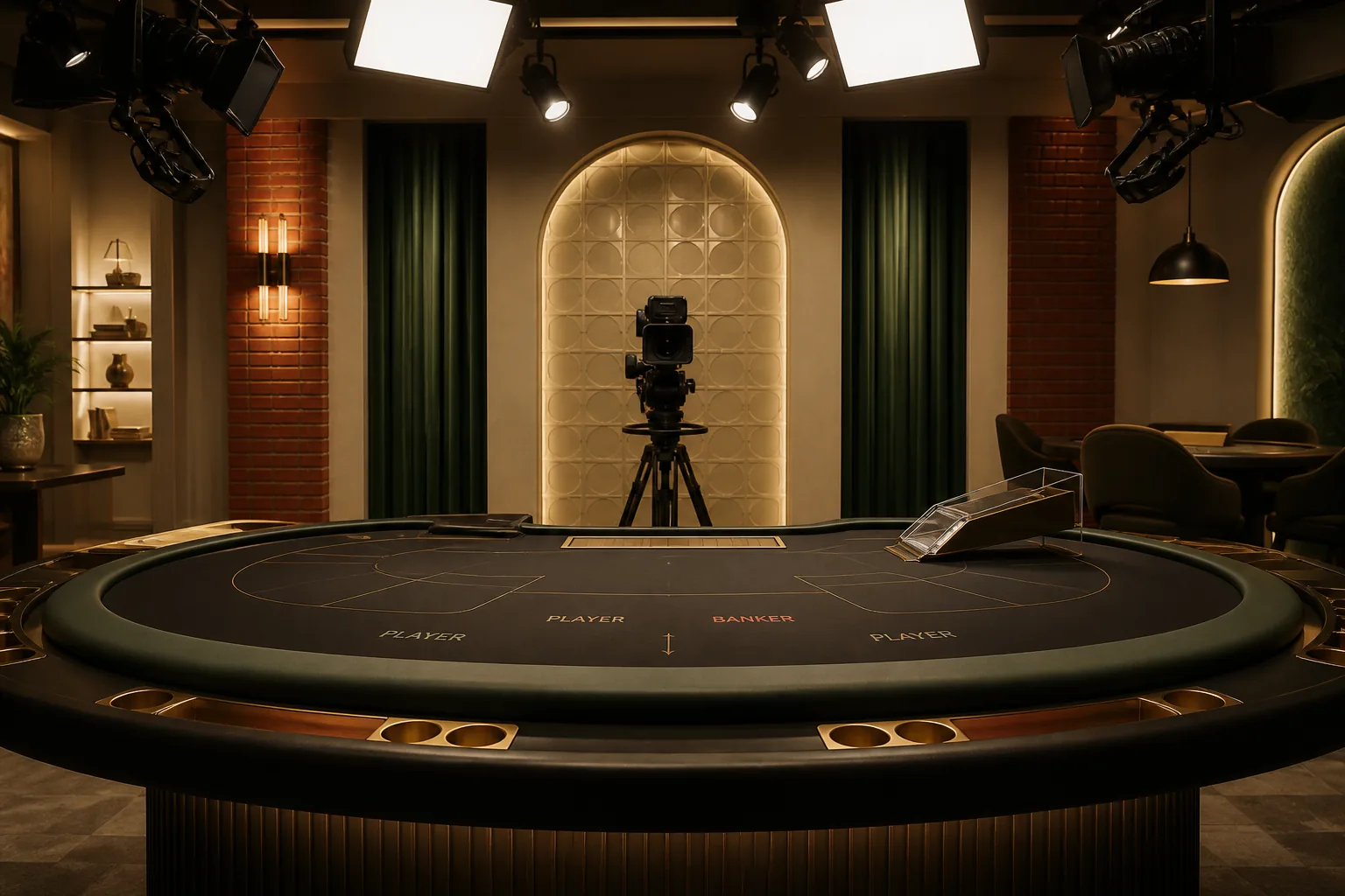 Studio live casino generik dengan kamera dan meja kartu