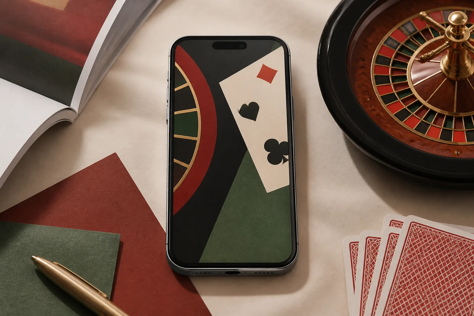 Ponsel dengan visual kasino generik, roda roulette, dan kartu